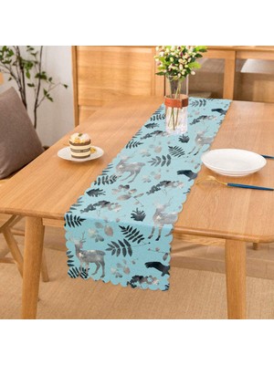 RealHomes Mavi Zeminli Geyik ve Yaprak Desenli Dekoratif Özel Tasarım Runner