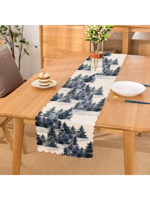 Real Homes Suluboya Çizimli Kış Temalı Çam Ağaçları Dijital Baskılı Dekoratif Runner