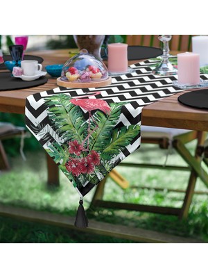 Realhomes Zigzag Flamingo Tasarımlı Dijital Baskılı Dekoratif Püsküllü Şönil Üçgen Runner