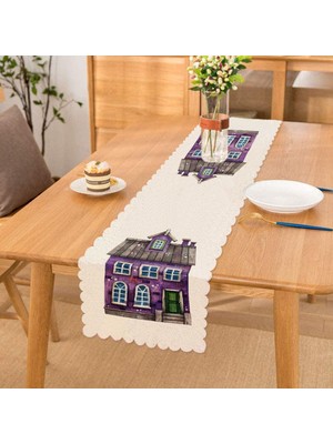 Real Homes Minyatür Mor Ev Çizimli Dijital Baskılı Modern Runner