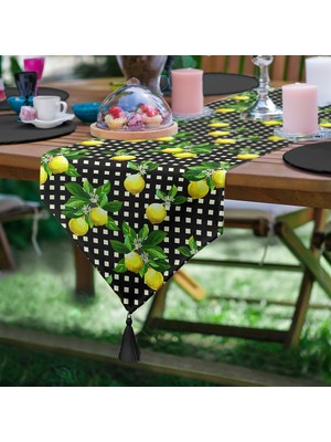 Realhomes Siyah Zeminde Ekose Desenli Limon Baskılı Dekoratif Püsküllü Şönil Üçgen Runner