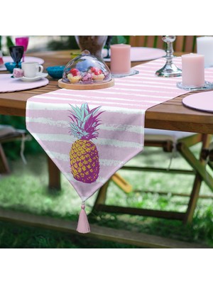RealHomes Canlı Renkli Ananas Motifli Dijital Baskılı Püsküllü Şönil Üçgen Runner