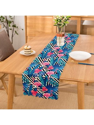 RealHomes Geometrik Mavi Pempe Flamingo Tasarımlı Dijital Baskılı Özel Tasarım Runner