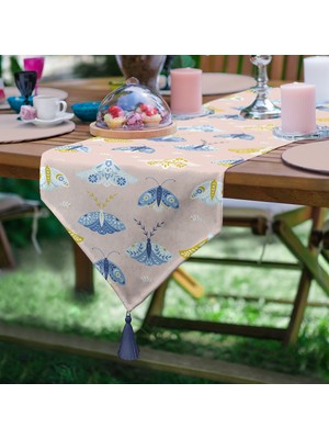 Real Homes Pembe Zemin Renkli Kelebekler Özel Tasarım Dijital Baskılı Modern Püsküllü Şönil Üçgen Runner