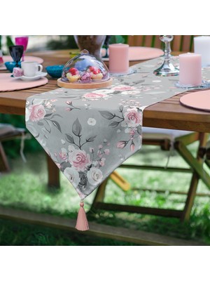 Real Homes Renkli Zemin Üzerinde Flamingo Desenli Yaprak Motifli Dijital Baskılı Özel Tasarım Püsküllü Şönil Üçgen Runner