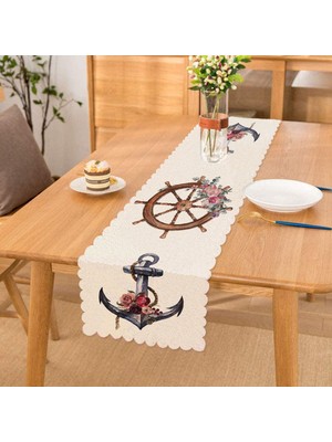 Real Homes Beyaz Zeminde Sade Çapa Tasarımlı Dijital Baskılı Dekoratif Runner