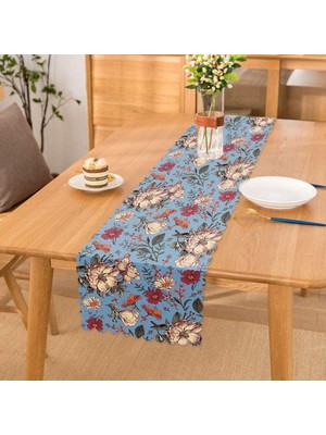 Real Homes Mavi Zemin Papatya & Gül Tasarımlı Dijital Baskılı Modern Runner