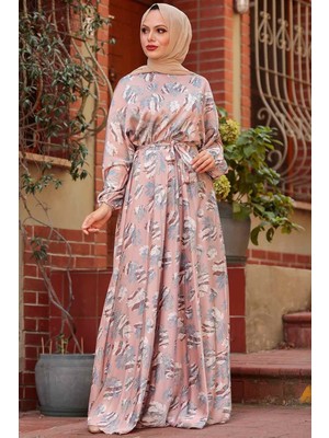 Neva Style - Kemerli Pudra Tesettür Elbise 22166PD