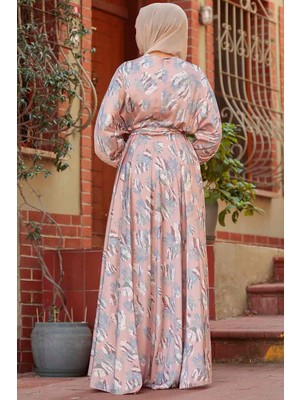 Neva Style - Kemerli Pudra Tesettür Elbise 22166PD