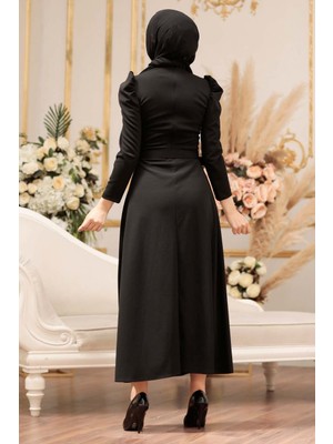 Neva Style - Kemerli Siyah Tesettür Elbise 554S