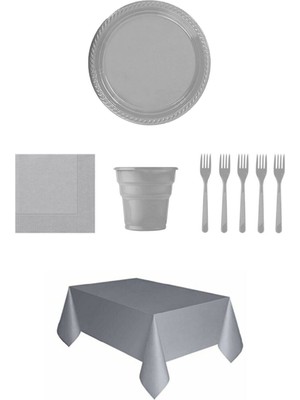 Dipak Gümüş Renk Plastik Tabak Bardak Çatal Peçete ve Masa Örtüsü Seti