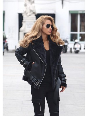 Woolncylde Kadın Siyah Içi Kürklü Oversize Uzun Deri Ceket