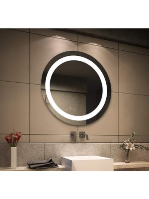 Mirrorland 60 cm Çapında Beyaz LED Işıklı Kumlamalı LED Ayna / Dekoratif Ayna / Banyo Aynası /yuvarlak Ayna/ışıklı Ayna