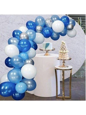 Trend Hediye Sepeti 100 Adet Beyaz - Mavi - Gri - Lacivert - Metalik Balon ve 5 M Balon Zinciri
