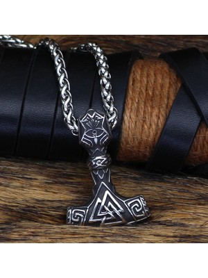 Viking Thor Çekici Mjollnir Odin Iskandinav Mitolojisi Valknut Işlemeli ve Örgü Zincir Erkek Çelik Kolye