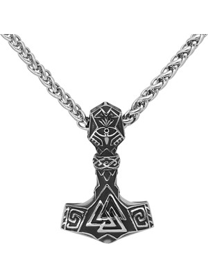 Viking Thor Çekici Mjollnir Odin Iskandinav Mitolojisi Valknut Işlemeli ve Örgü Zincir Erkek Çelik Kolye