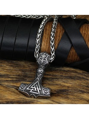 Viking Thor Çekici Mjollnir Odin Iskandinav Mitolojisi Valknut Işlemeli ve Örgü Zincir Erkek Çelik Kolye