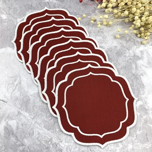 Bordo Renkli Beyaz Çift Sargı Nakışlı 6'lı Kokteyl Peçetesi