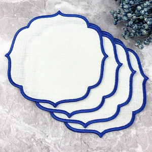 Mavi Renkli Nakışlı Keten Efektli 4'lü Kokteyl Peçetesi