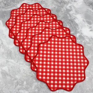 Kırmızı Ekoseli Pötikare Nakışlı 6'lı Kokteyl Peçetesi
