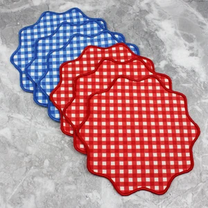 Kırmızı ve Mavi Ekoseli Pötikare Nakışlı 6'lı Kokteyl Peçetesi