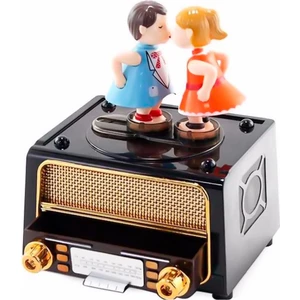 Radyo Üzerinde Öpüşen Çift Kurmalı Müzik Kutusu (Kahverengi)