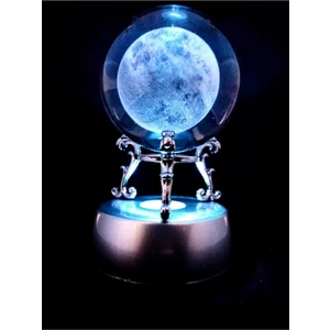 Dolunay Kristal Cam Küre Işıklı ve Standlı (Gümüş)