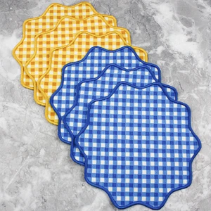 Sarı ve Mavi Ekoseli Pötikare Nakışlı 6'lı Kokteyl Peçetesi