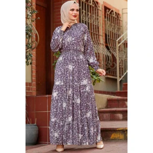 Neva Style - Yakası Bağcıklı Mor Tesettür Elbise 2327MOR