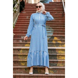 Neva Style - Kareli Indigo Mavisi Tesettür Elbise 33940IM