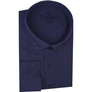 Erkek Lacivert Büyük Beden Yaka Düğmeli Uzun Kollu Düz Klasik Erkek Gömlek