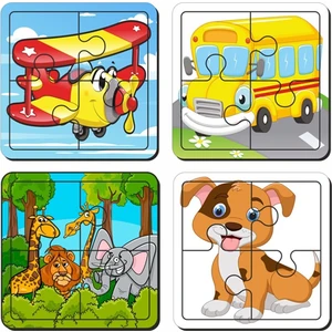 Uçak, Otobüs, Sevimli Hayvanlar ve Köpek 4 Parça 4'lü Yapboz Ilk Puzzle, Kolay Puzzle