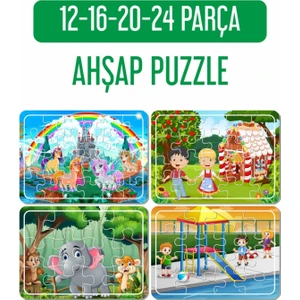Unicorn, Şeker Ev ve Elma Ağacı, Havuzda Oyun, Sevimli Hayvanlar Ahşap Puzzle Seti