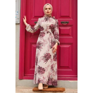 Neva Style  Neva Style - Çiçek Desenli Bej Tesettür Elbise 27921BEJ