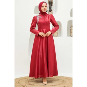 Neva Style  Tesettürlü Abiye Elbise - Saten Kırmızı Tesettür Abiye Elbise 22301K