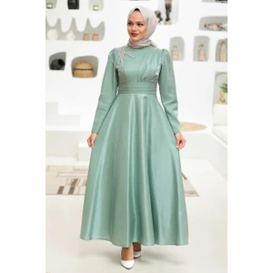 Neva Style  Tesettürlü Abiye Elbise - Saten Mint Tesettür Abiye Elbise 22301MINT