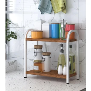 Banyo-Mutfak Toparlayıcı Düzenleyici Organizer 2 Katlı Geniş Metal Beyaz Bambu Tezgah Üstü Raf