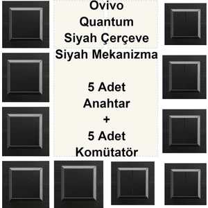 Çağatay Elektrik - Ovivo Quantum Siyah Çerçeve Siyah Mekanizma 5 Adet Anahtar + 5 Adet Komütatör