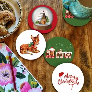 Yılbaşı Serisi Yeni Yıl Dijital Baskılı 4'lü Ahşap Bardak Altlığı Model 001