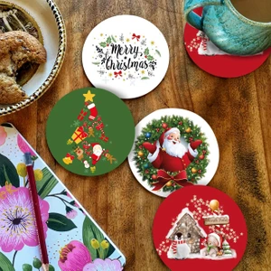 Yılbaşı Serisi Yeni Yıl Dijital Baskılı 4'lü Ahşap Bardak Altlığı Model 002