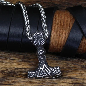 Thor Çekici Mjollnir Odin Iskandinav Mitolojisi Valknut Işlemeli ve Örgü Zincir Erkek Çelik Kolye