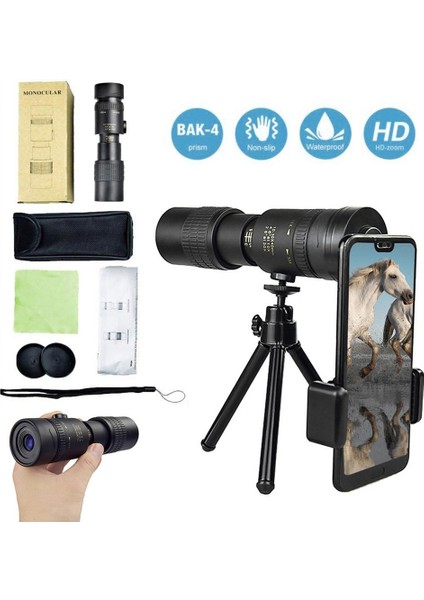 4K 10-300X40MM Süper Telefoto Zoom Monoküler Teleskop, Bak4 Prizma Lensli Plaj Seyahati Açık Hava Etkinlikleri Sporları Için