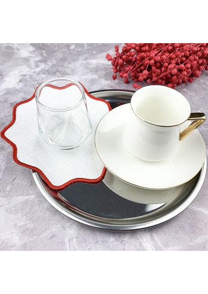 Kırmızı Renkli Oval Çiçek Nakışlı 2'li Kokteyl Peçetesi