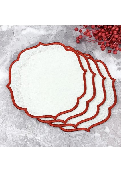 Kırmızı Renkli Nakışlı Keten Efektli 4'lü Kokteyl Peçetesi