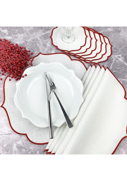 Kırmızı Renkli Nakışlı 12 Parça Set Amerikan Servis ve Kokteyl Peçetesi