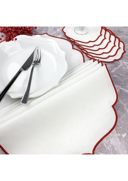 Kırmızı Renkli Nakışlı 12 Parça Set Amerikan Servis ve Kokteyl Peçetesi fiyatları