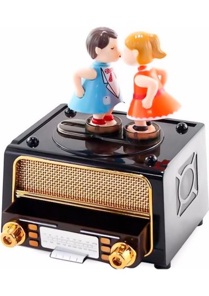 Radyo Üzerinde Öpüşen Çift Kurmalı Müzik Kutusu (Kahverengi)