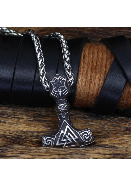 Thor Mjollnir Warhammer Iskandinav Mitolojisi Valknut Işlemeli ve Örgü Zincir Erkek Çelik Kolye