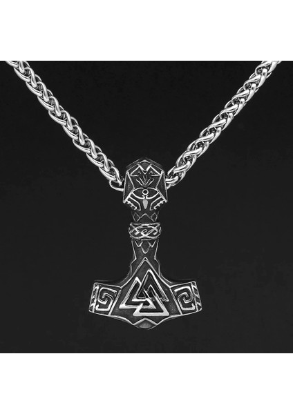 Thor Mjollnir Warhammer Iskandinav Mitolojisi Valknut Işlemeli ve Örgü Zincir Erkek Çelik Kolye