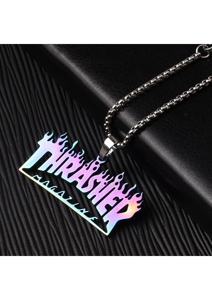 Thrasher Magazine Yazılı Çok Renkli Gökkuşağı Alevli ve Kare Zincir Çelik Kolye